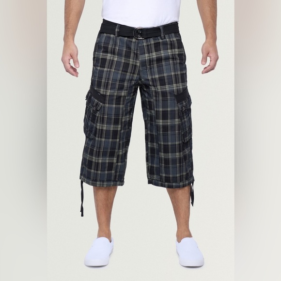 XRAY Jeans Mens Long Cargo Shorts With Draw Cord Black Plaid size 46 - Picture 1 of 10
